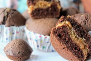 Close up of the chocolate peanut butter filled muffins. 